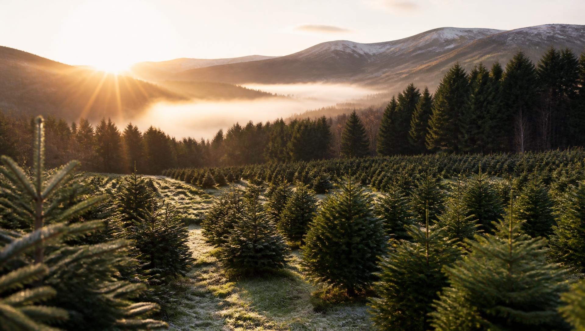 Christmas tree farm in the Scottish highlands at golden hour